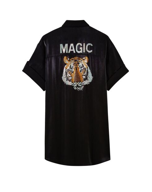 Robe courte satinée strass tête de tigre Laora noire