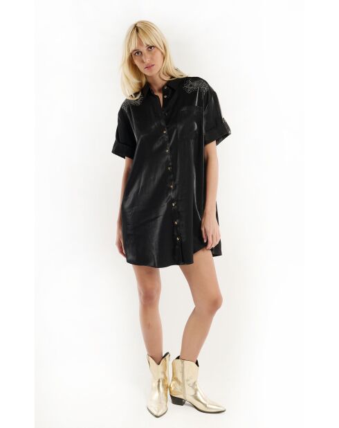 Robe courte satinée strass tête de tigre Laora noire