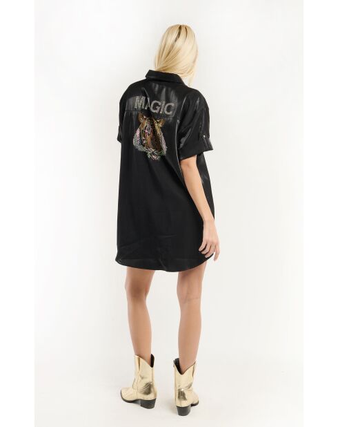Robe courte satinée strass tête de tigre Laora noire
