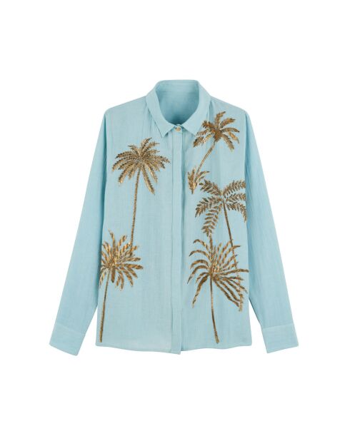 Chemise gaze de coton brodée de palmiers Angelo bleue