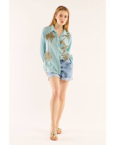 Chemise gaze de coton brodée de palmiers Angelo bleue