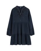 Robe courte manches longues en gaze de coton avec broderies Aruba bleue
