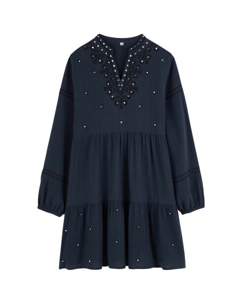 Robe courte manches longues en gaze de coton avec broderies Aruba bleue