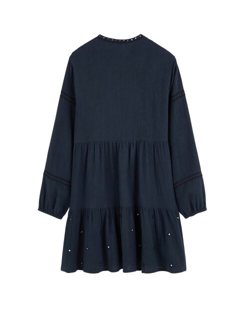 Robe courte manches longues en gaze de coton avec broderies Aruba bleue