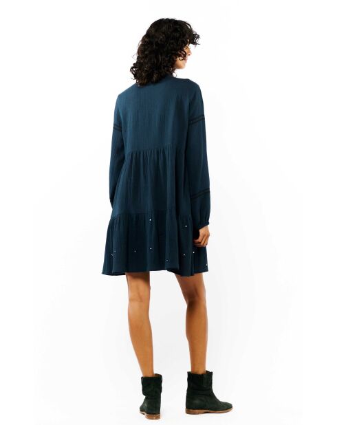 Robe courte manches longues en gaze de coton avec broderies Aruba bleue