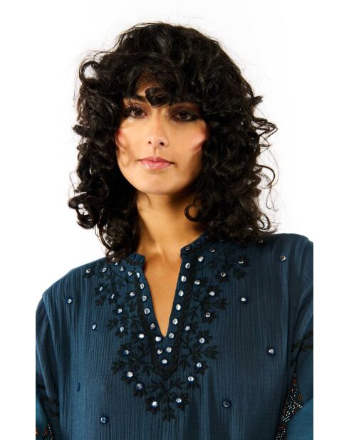 Robe courte manches longues en gaze de coton avec broderies Aruba bleue