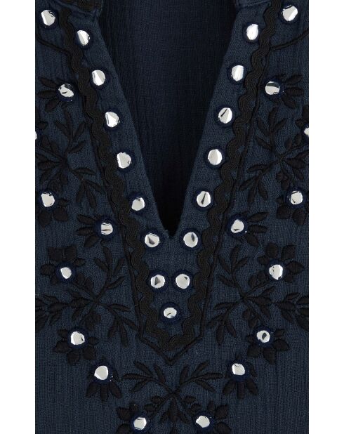 Robe courte manches longues en gaze de coton avec broderies Aruba bleue
