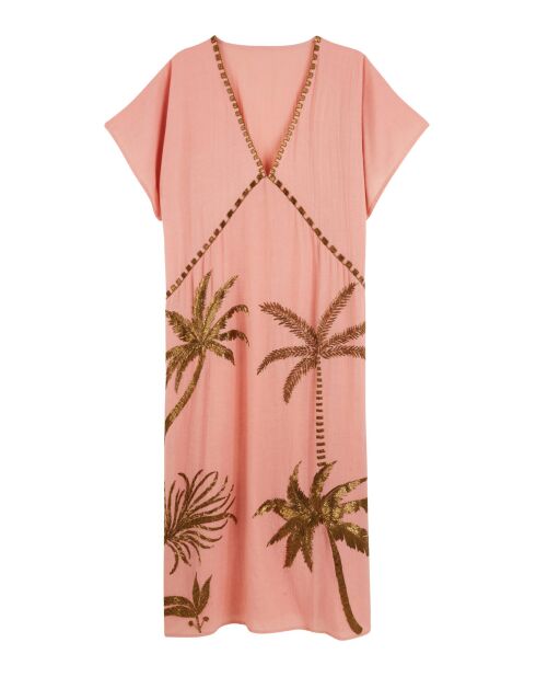 Robe caftan gaze de coton brodée de palmiers Annie rose