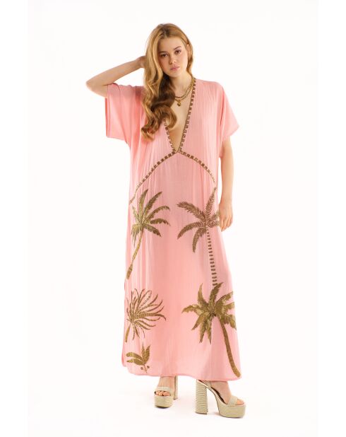 Robe caftan gaze de coton brodée de palmiers Annie rose
