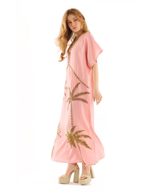 Robe caftan gaze de coton brodée de palmiers Annie rose