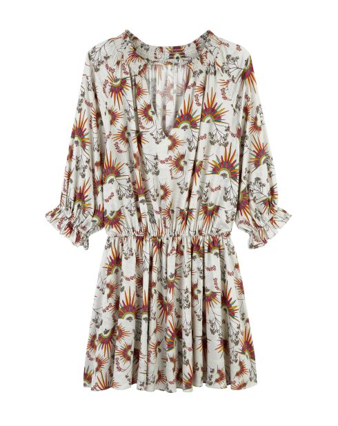 Robe courte bohème imprimé plumes Enola beige