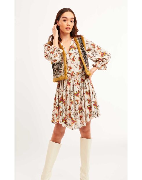 Robe courte bohème imprimé plumes Enola beige