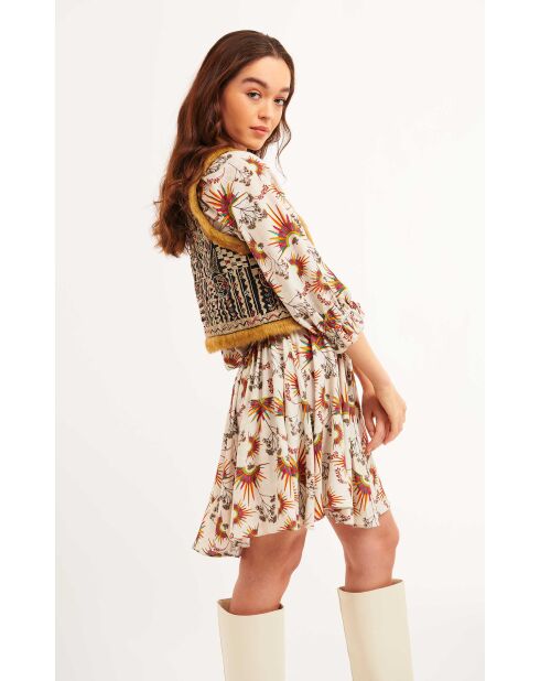 Robe courte bohème imprimé plumes Enola beige