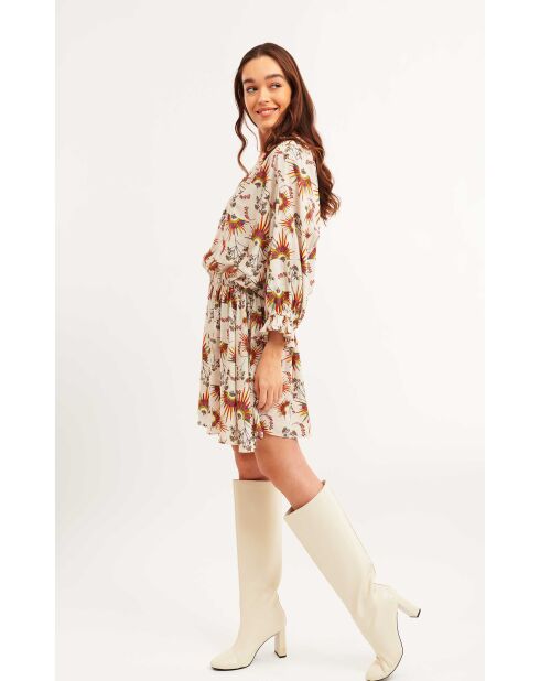 Robe courte bohème imprimé plumes Enola beige