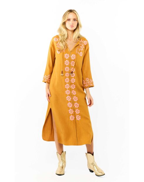 Robe droite fendue à broderies Alberto camel