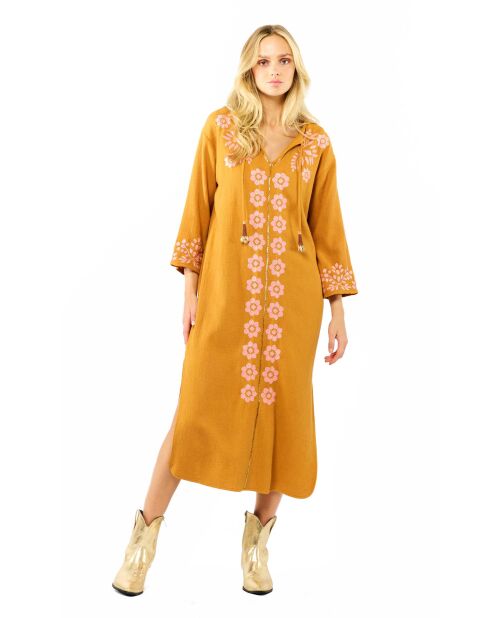 Robe droite fendue à broderies Alberto camel