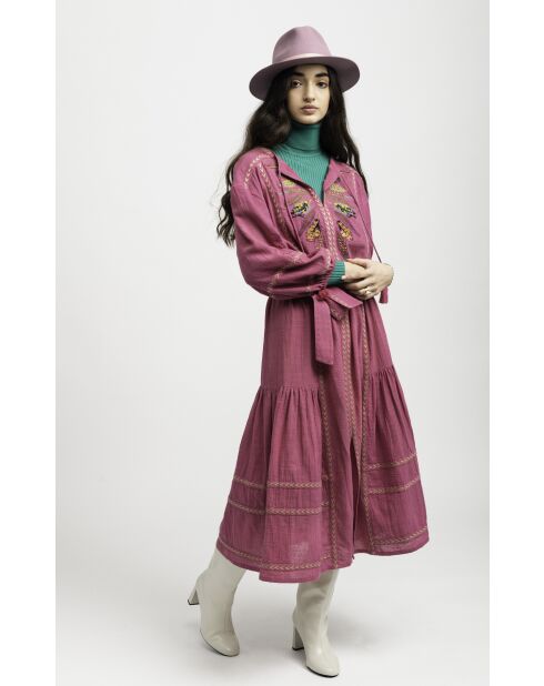 Robe en coton brodée plumes Maita rose
