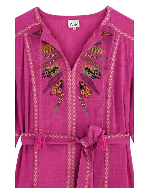 Robe en coton brodée plumes Maita rose