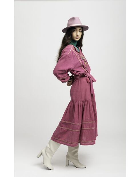 Robe en coton brodée plumes Maita rose