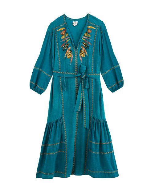 Robe en coton brodée plumes Maita verte