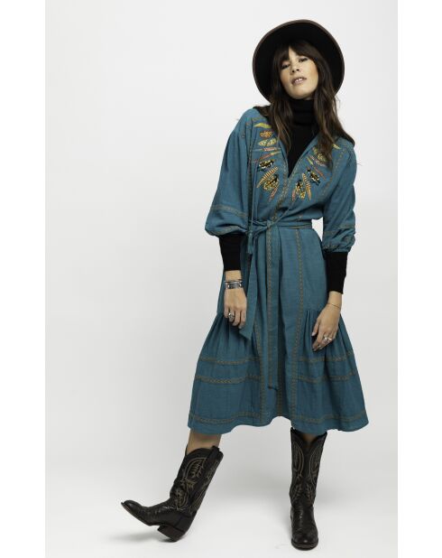 Robe en coton brodée plumes Maita verte