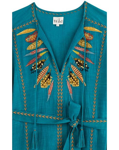 Robe en coton brodée plumes Maita verte