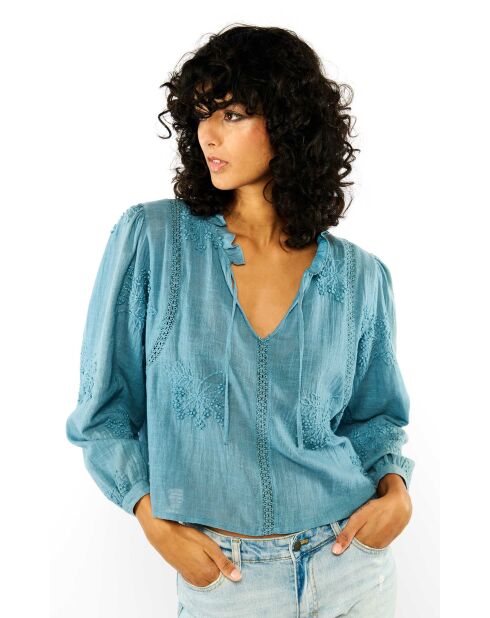 Blouse en coton brodé Teresa bleue