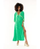Robe longue fluide caftan brodée Justine verte