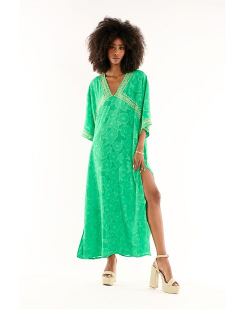 Robe longue fluide caftan brodée Justine verte