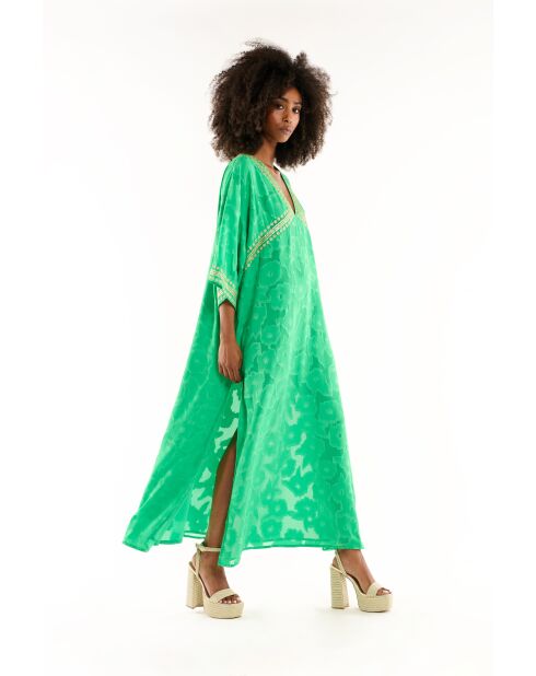 Robe longue fluide caftan brodée Justine verte