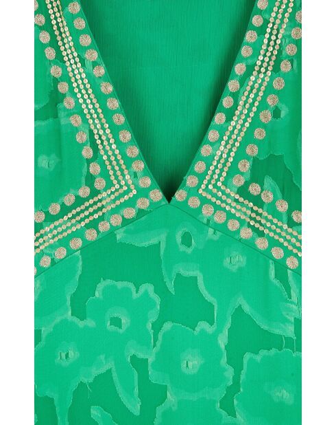 Robe longue fluide caftan brodée Justine verte