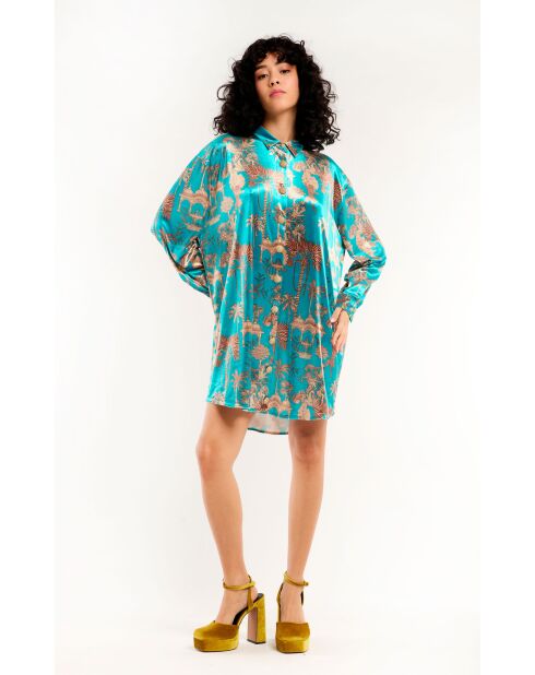 Robe midi manches longues à motifs Jaya bleue