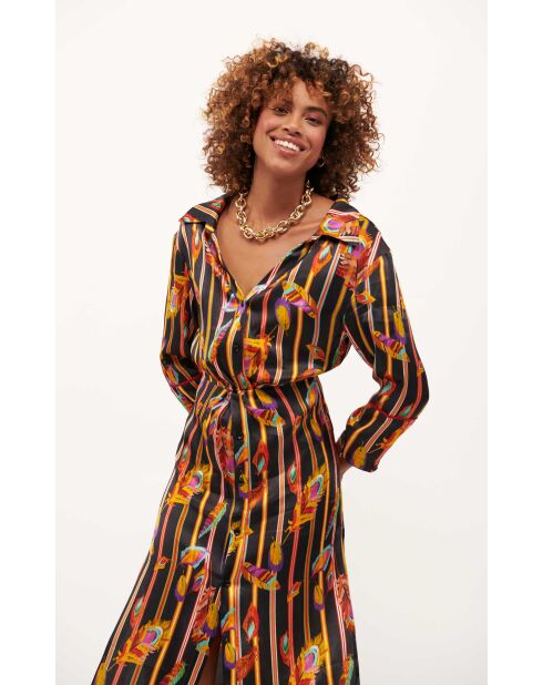 Robe chemise satinée motifs plumes Colibri noire