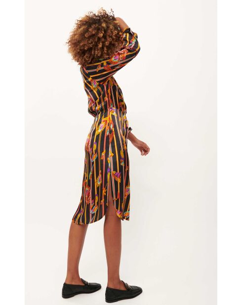 Robe chemise satinée motifs plumes Colibri noire
