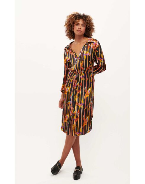 Robe chemise satinée motifs plumes Colibri noire