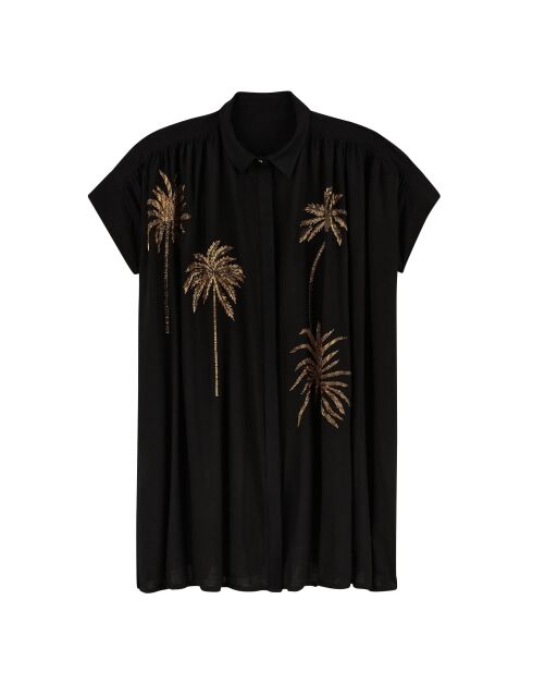 Robe chemise oversize en gaze de coton brodée Clovis noire