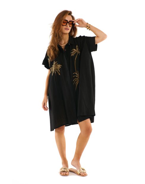 Robe chemise oversize en gaze de coton brodée Clovis noire