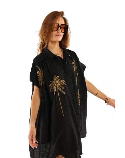 Robe chemise oversize en gaze de coton brodée Clovis noire