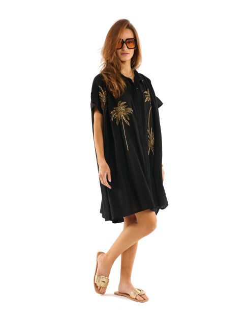 Robe chemise oversize en gaze de coton brodée Clovis noire
