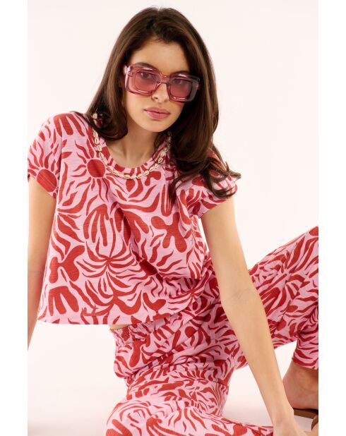 T-shirt imprimé et brodé de coquillage Amandine rose