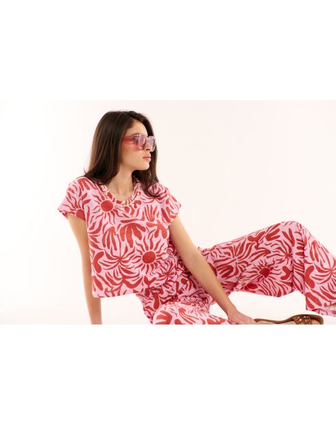 T-shirt imprimé et brodé de coquillage Amandine rose
