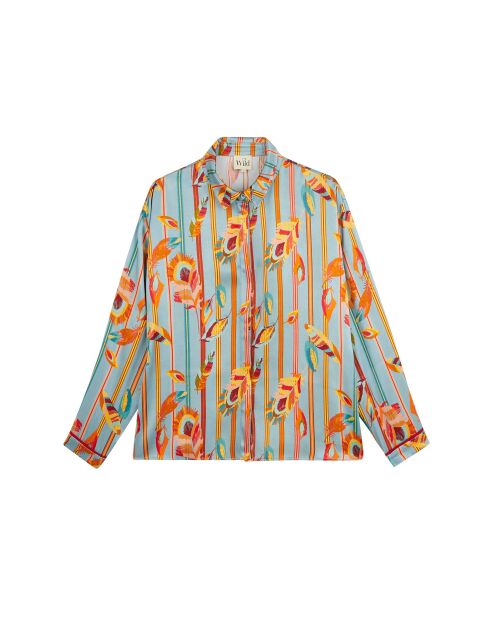 Chemise satinée imprimé plumes Kiwi bleue