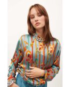 Chemise satinée imprimé plumes Kiwi bleue