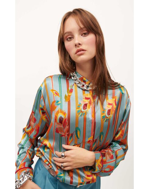 Chemise satinée imprimé plumes Kiwi bleue