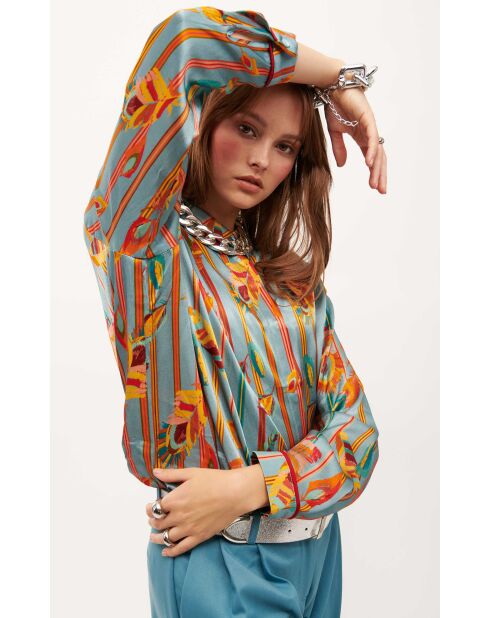 Chemise satinée imprimé plumes Kiwi bleue