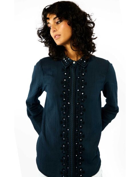 Chemise en gaze de coton et broderies Mala bleue