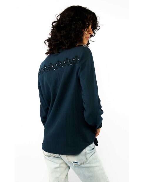 Chemise en gaze de coton et broderies Mala bleue
