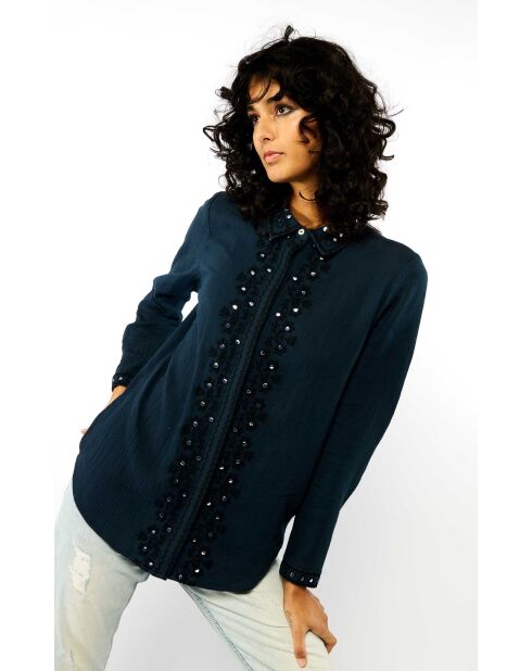 Chemise en gaze de coton et broderies Mala bleue