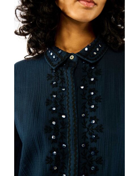 Chemise en gaze de coton et broderies Mala bleue