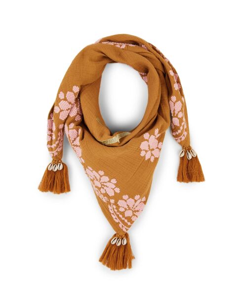 Foulard en gaze de coton brodé Ocampo camel